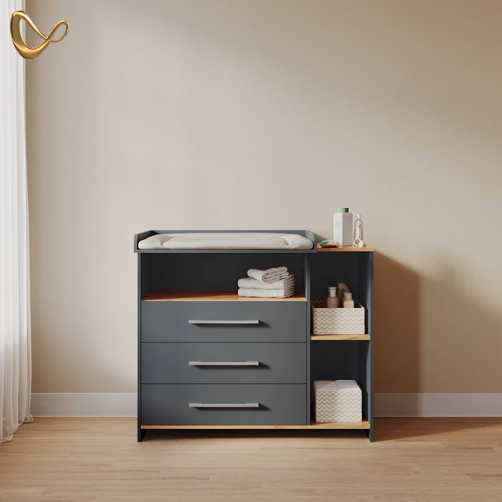Wickelkommode Torino Anthrazit/Goldkraft Eiche mit 3 Schubladen livinity®