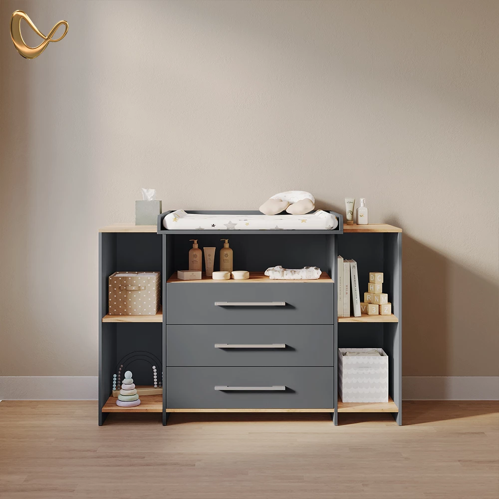 Wickelkommode Torino Anthrazit/Goldkraft Eiche mit 3 Schubladen livinity®