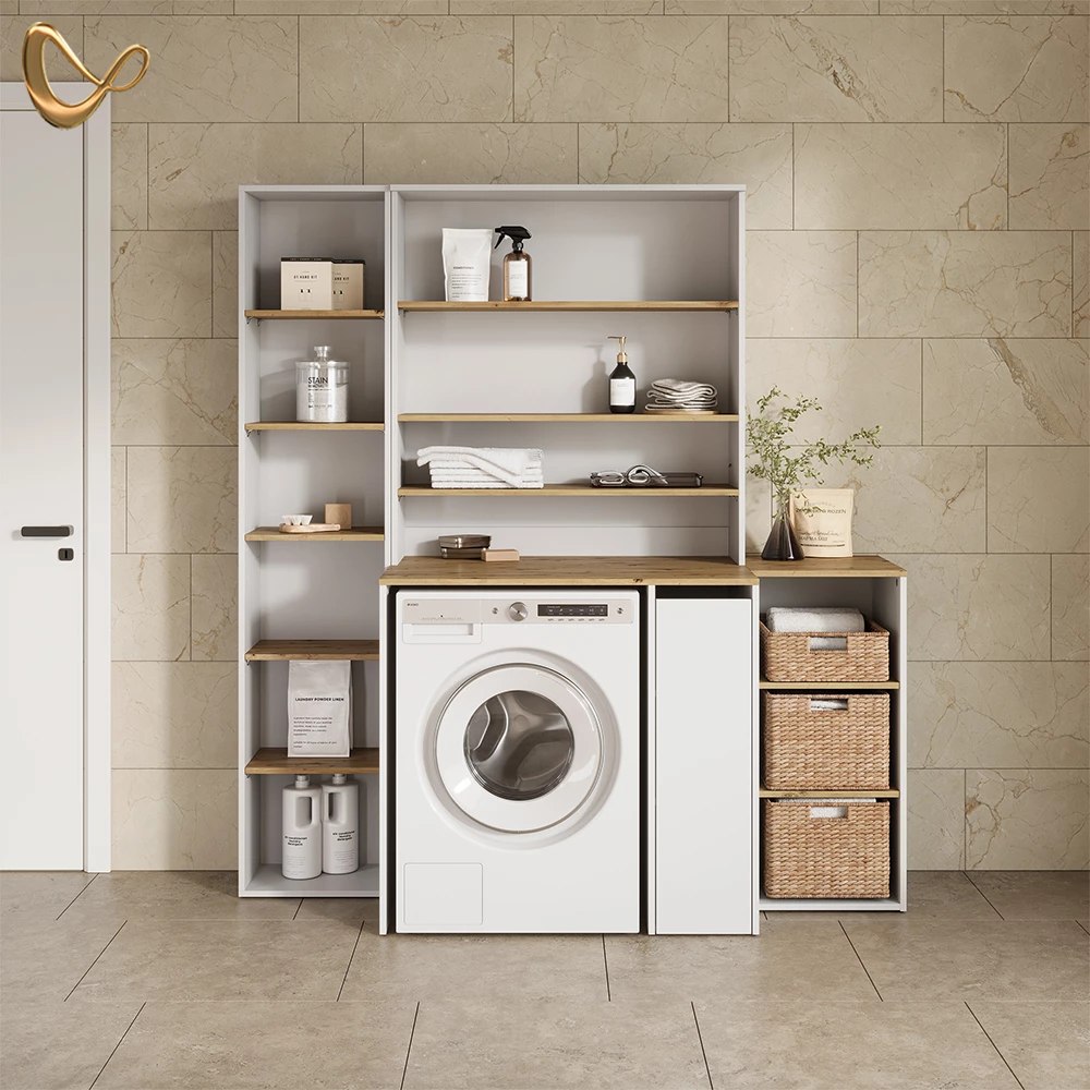 Waschmaschinenschrank in Weiß/Artisan, dargestellt im Ambiente und auf weißem Hintergrund