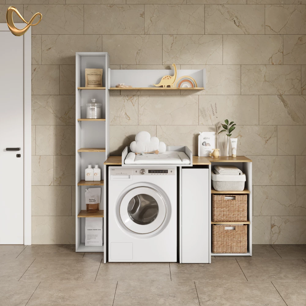 Waschmaschinenschrank Paolina Weiß/Artisan 93.6 x 88.2 cm 2 Teile mit Wickelauflage livinity®