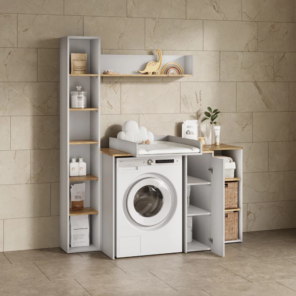 Waschmaschinenschrank Paolina Weiß/Artisan 93.6 x 88.2 cm 2 Teile mit Wickelauflage livinity®