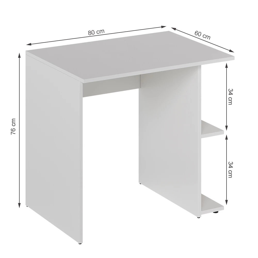 Schreibtisch in Weiß auf weißem Hintergrund mit sichtbaren Maßen