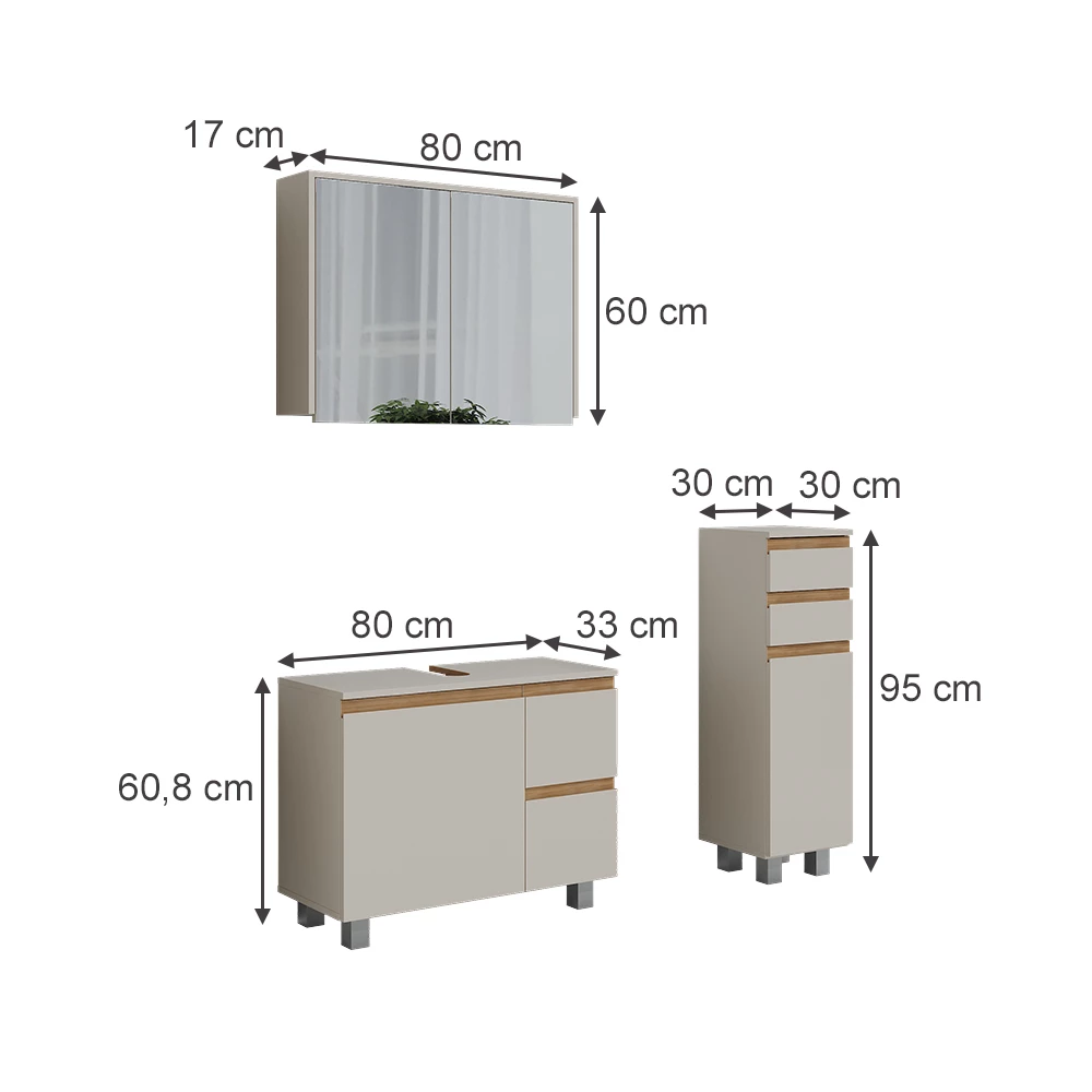 Badkamermeubelset in Kasjmier/Artisan on white background with visible dimensions