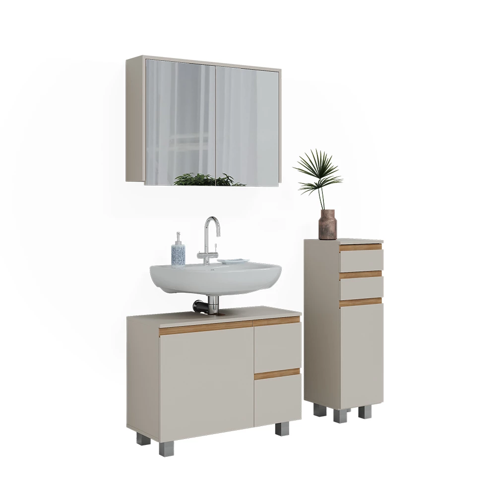 Badkamermeubelset in Kasjmier/Artisan on white background with decorative elements