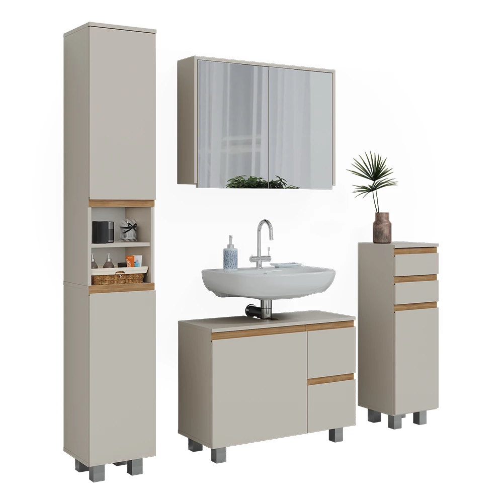 Badkamermeubelset in Kasjmier/Artisan on white background with decorative elements