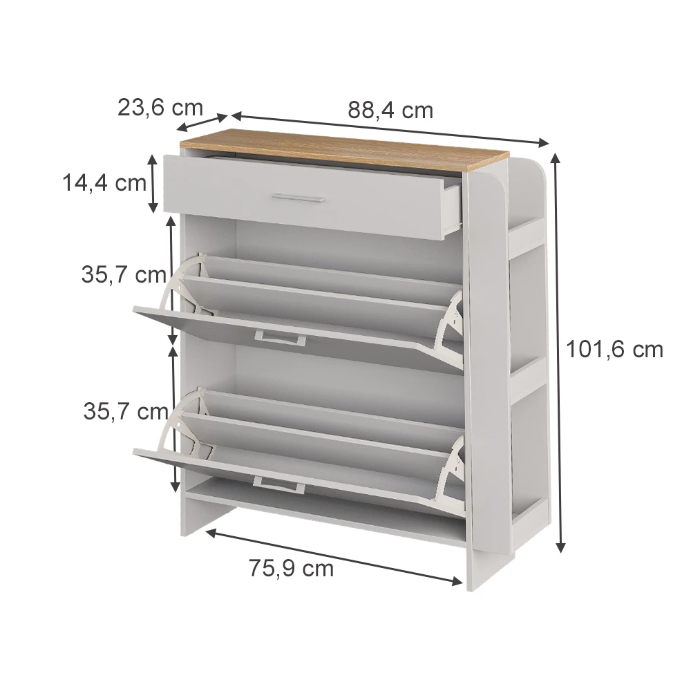 Schuhschrank in Weiß/Eiche auf weißem Hintergrund