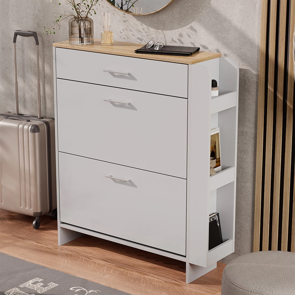 Schuhschrank in Weiß/Eiche auf weißem Hintergrund