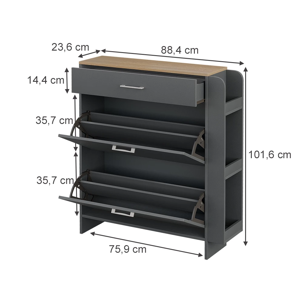Schuhschrank in Anthrazit/Eiche auf weißem Hintergrund