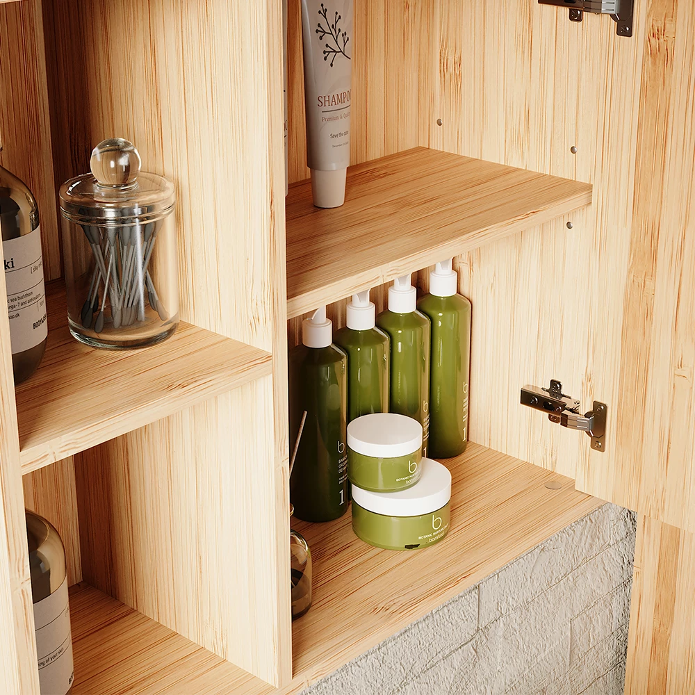 Nahaufnahme von Badspiegelschrank in Bambus, zeigt Textur/Details