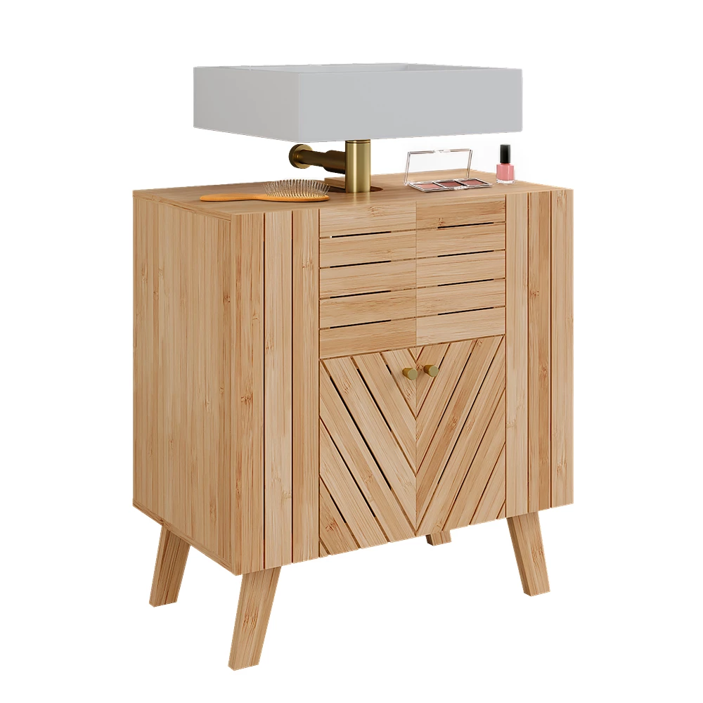 Waschbeckenunterschrank in Bambus auf weißem Hintergrund mit dekorativen Elementen