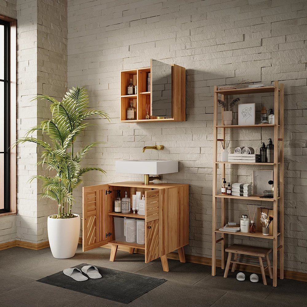 Close-up of Badkamermeubelset in Bamboe, showing design and surface details