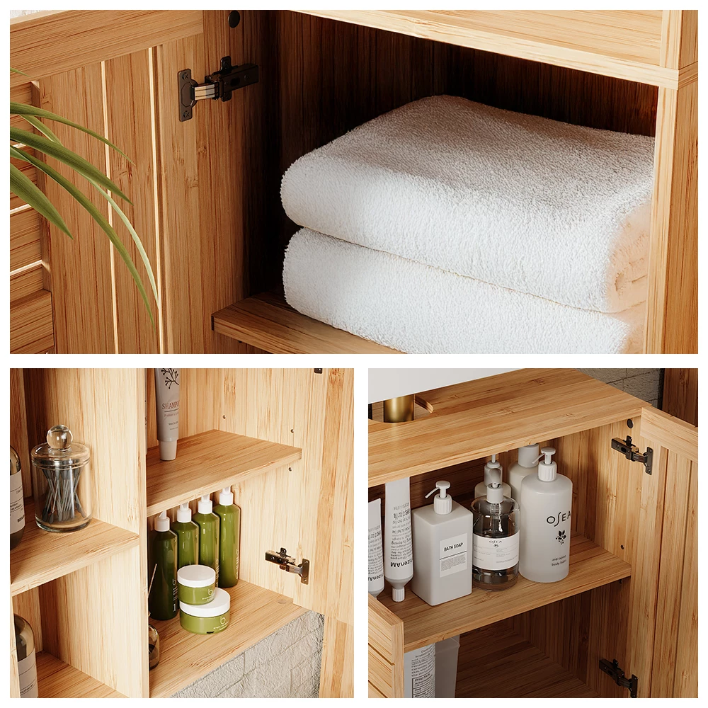 Nahaufnahme von Badmöbel-Set in Bambus, zeigt Textur/Details