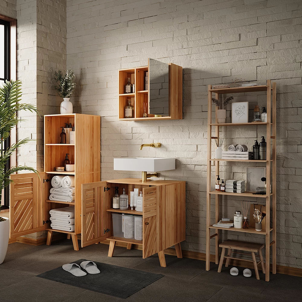 Nahaufnahme von Badmöbel-Set in Bambus, zeigt Design- und Oberflächendetails