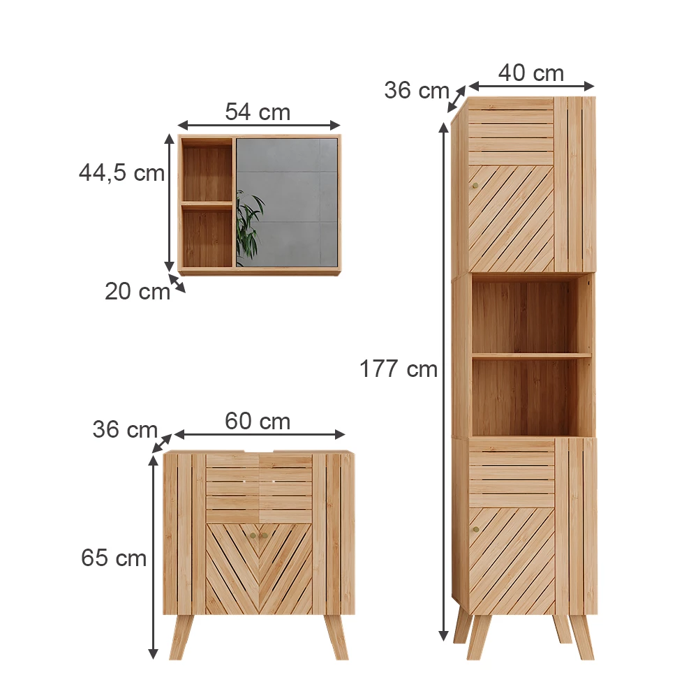 Badkamermeubelset in Bamboe op een witte achtergrond