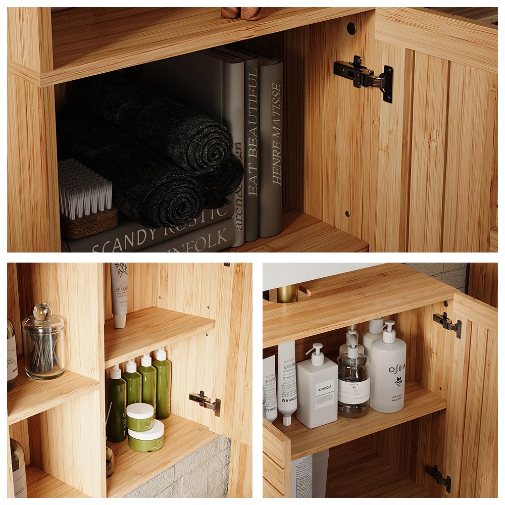 Gros plan de Ensemble de meubles de salle de bains en Bambou, montrant la texture/les détails