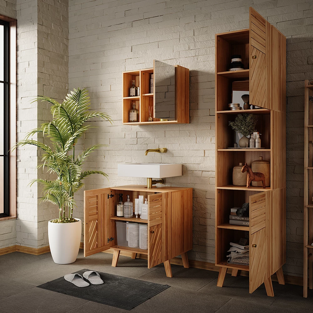 Gros plan de Ensemble de meubles de salle de bains en Bambou, montrant le design et les détails de surface