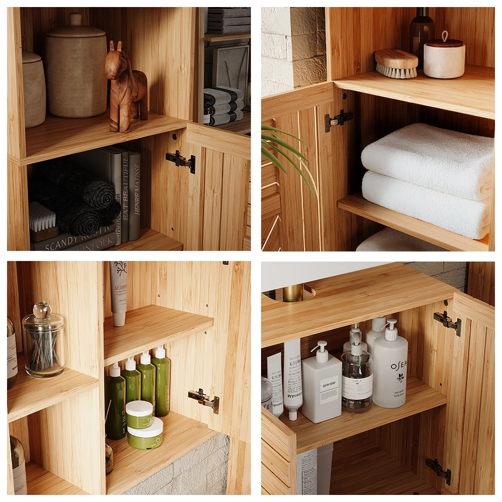 Nahaufnahme von Badmöbel-Set in Bambus, zeigt Textur/Details