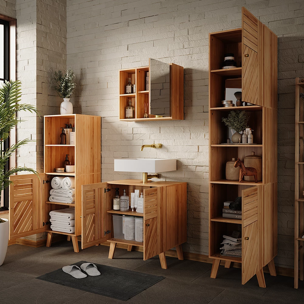 Badmöbel-Set Lucie Bambus 4 Teile, mit Midischrank und Hochschrank Vicco