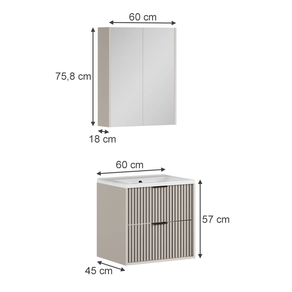 Badkamermeubelset in Kasjmier on white background with visible dimensions