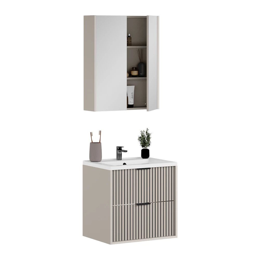 Badkamermeubelset in Kasjmier on white background with decorative elements