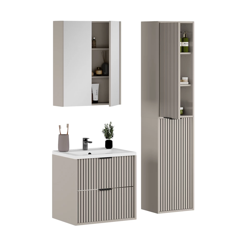 Badkamermeubelset in Kasjmier on white background with decorative elements