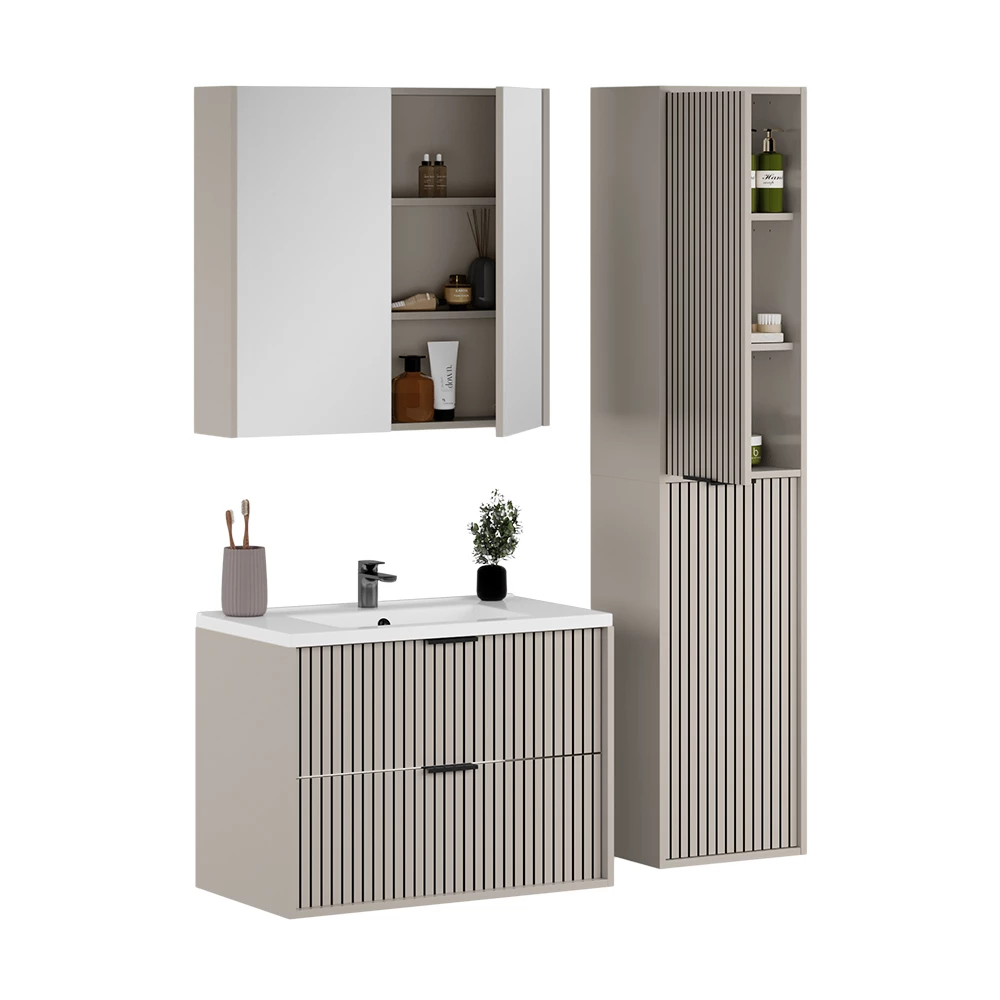 Badkamermeubelset in Kasjmier on white background with decorative elements