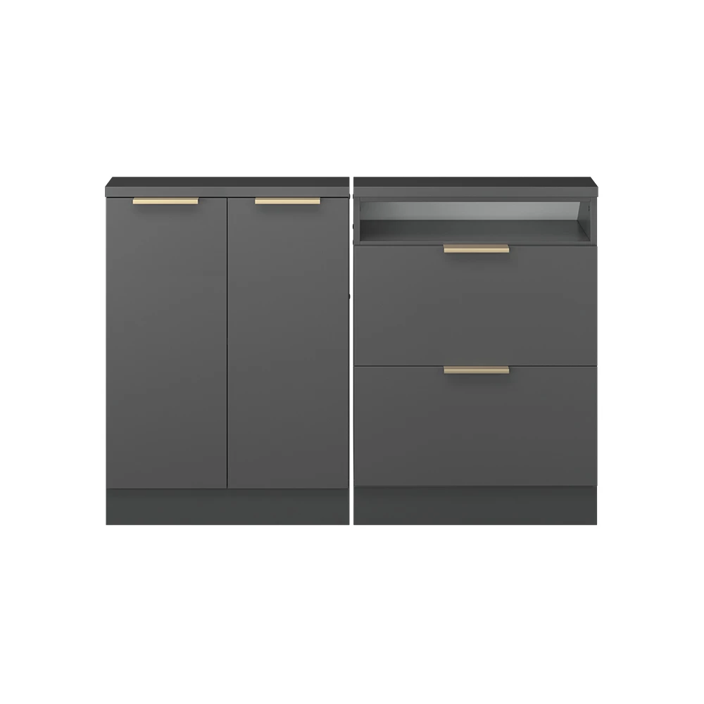 Nahaufnahme von Dachschrägenschrank-Set in Anthrazit-Gold, zeigt Textur/Details
