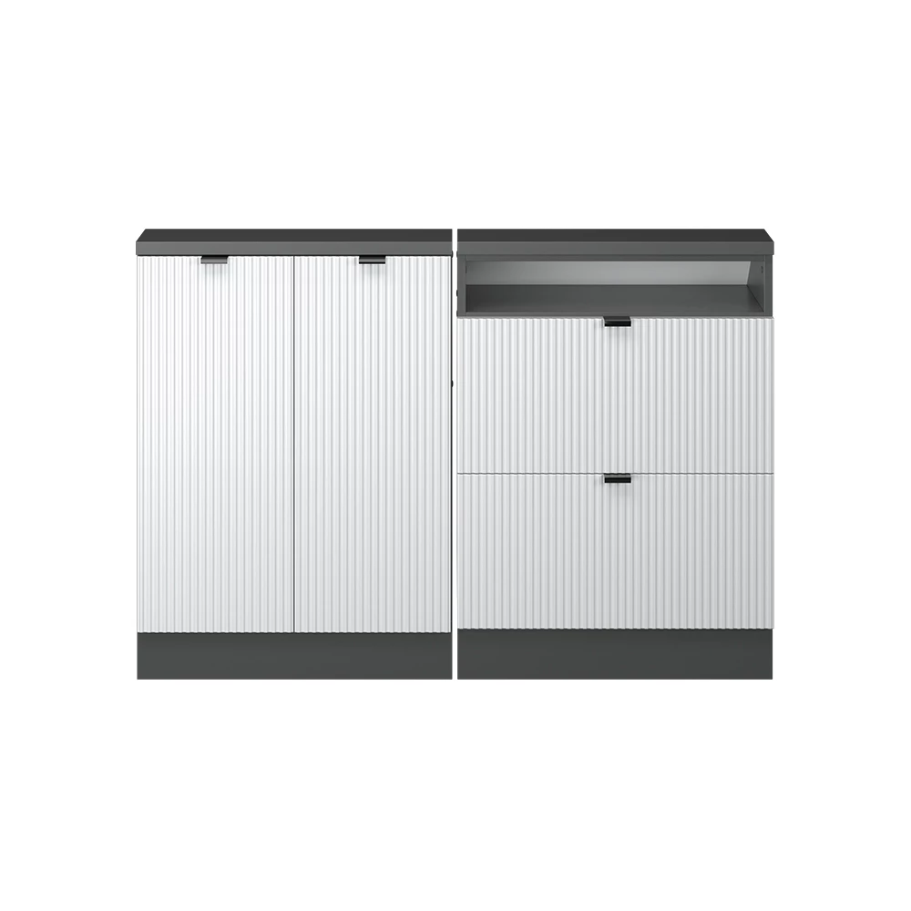 Nahaufnahme von Dachschrägenschrank-Set in Weiß Riffel, zeigt Textur/Details