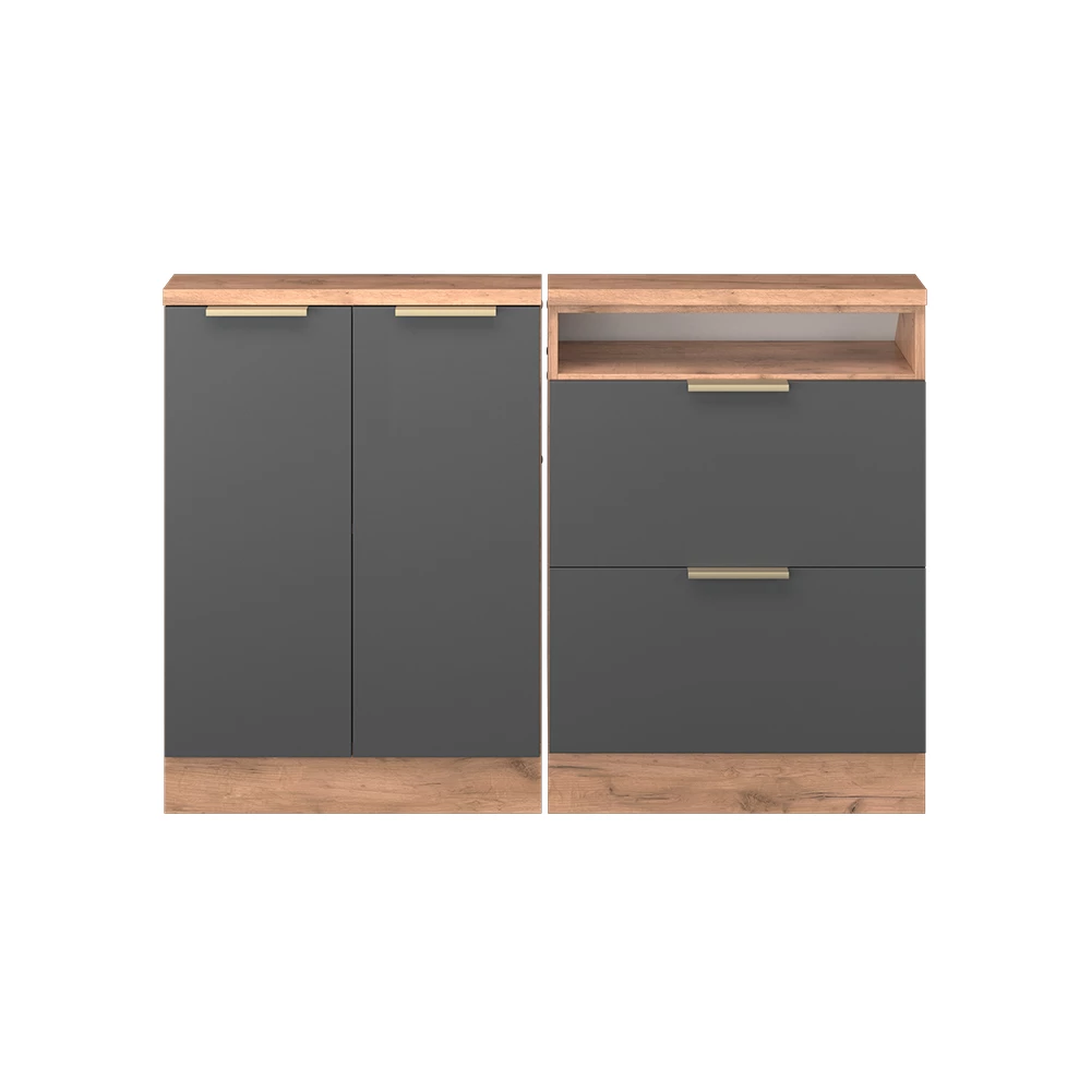 Nahaufnahme von Dachschrägenschrank-Set in Anthrazit-Gold, zeigt Textur/Details