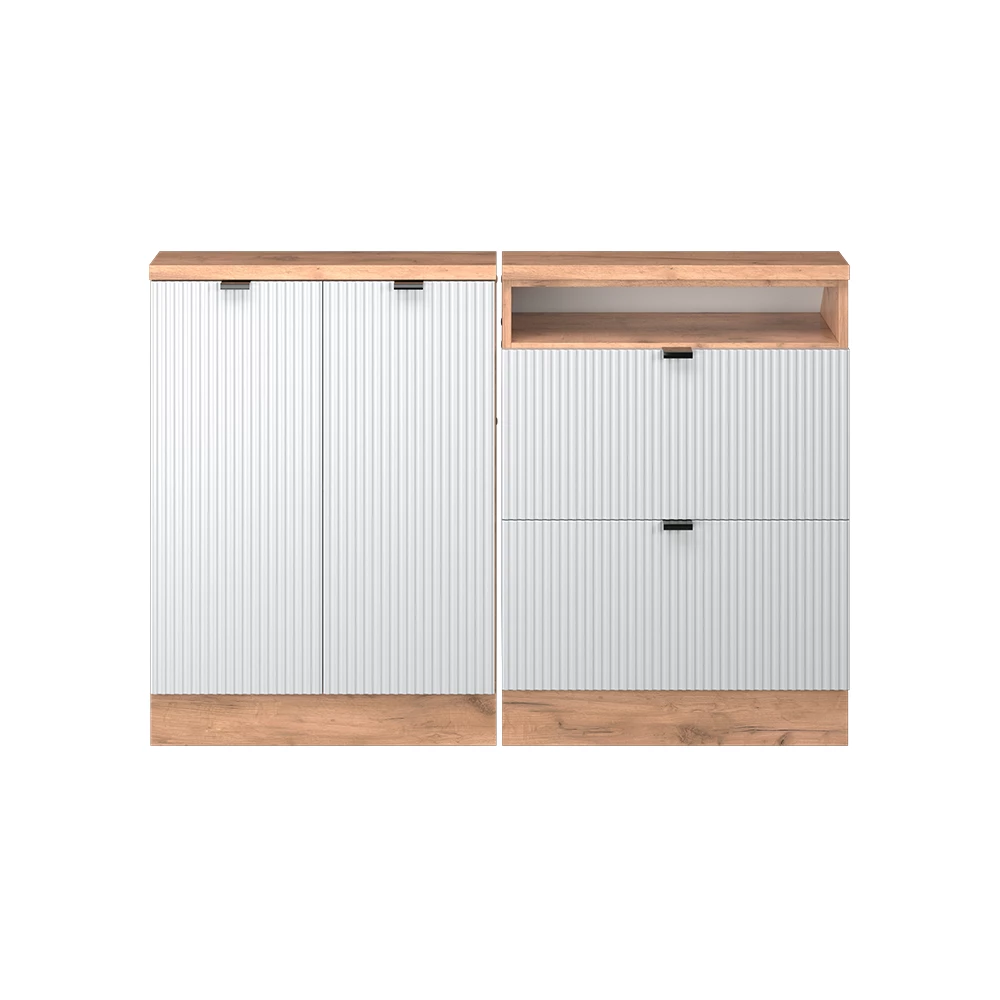 Gros plan de Ensembles de meuble de rangement sous pente en Blanc cannelé, montrant la texture/les détails
