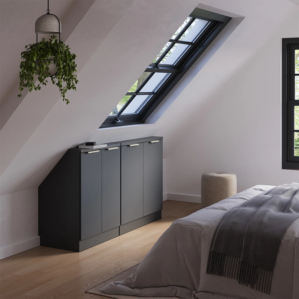 Dachschrägenschrank-Set in Anthrazit-Gold auf weißem Hintergrund