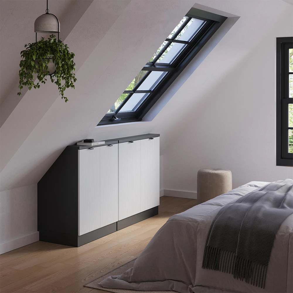 Skriňová súprava so šikmou strechou in Biele zvlnenie on white background