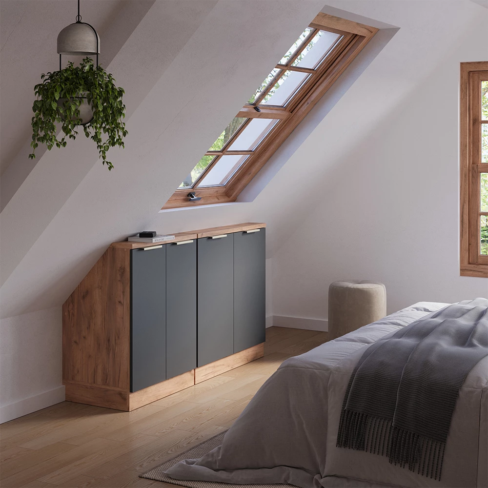 Dachschrägenschrank-Set in Anthrazit-Gold auf weißem Hintergrund