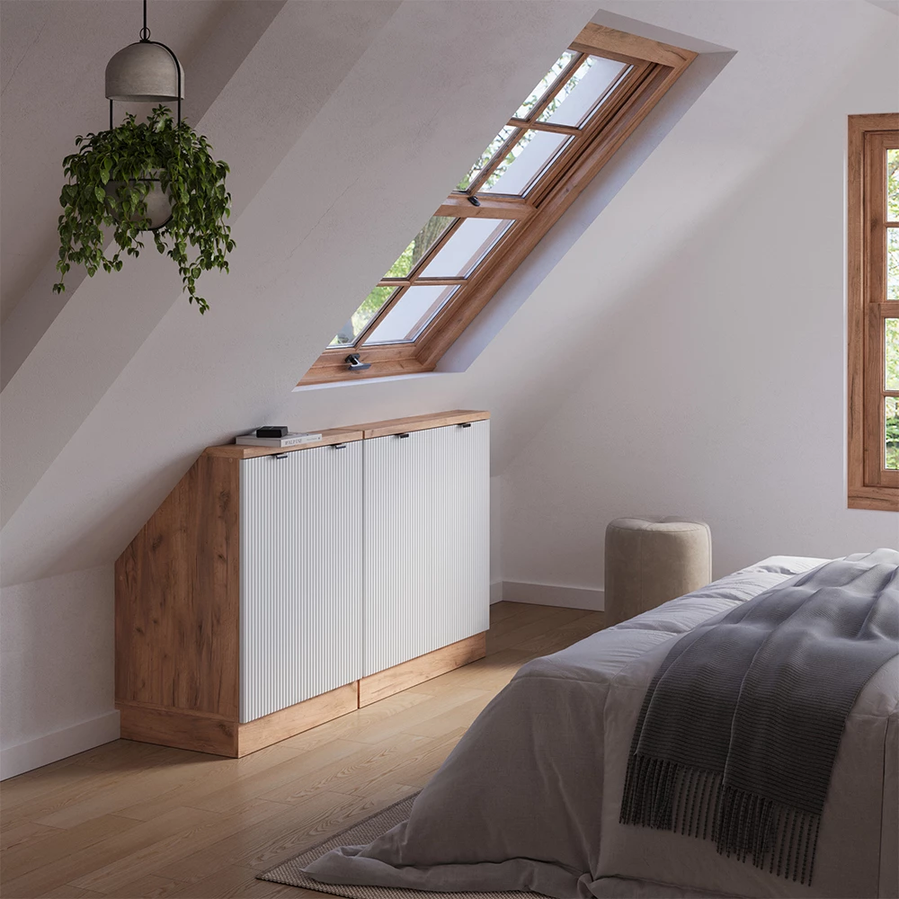 Skriňová súprava so šikmou strechou in Biele zvlnenie on white background