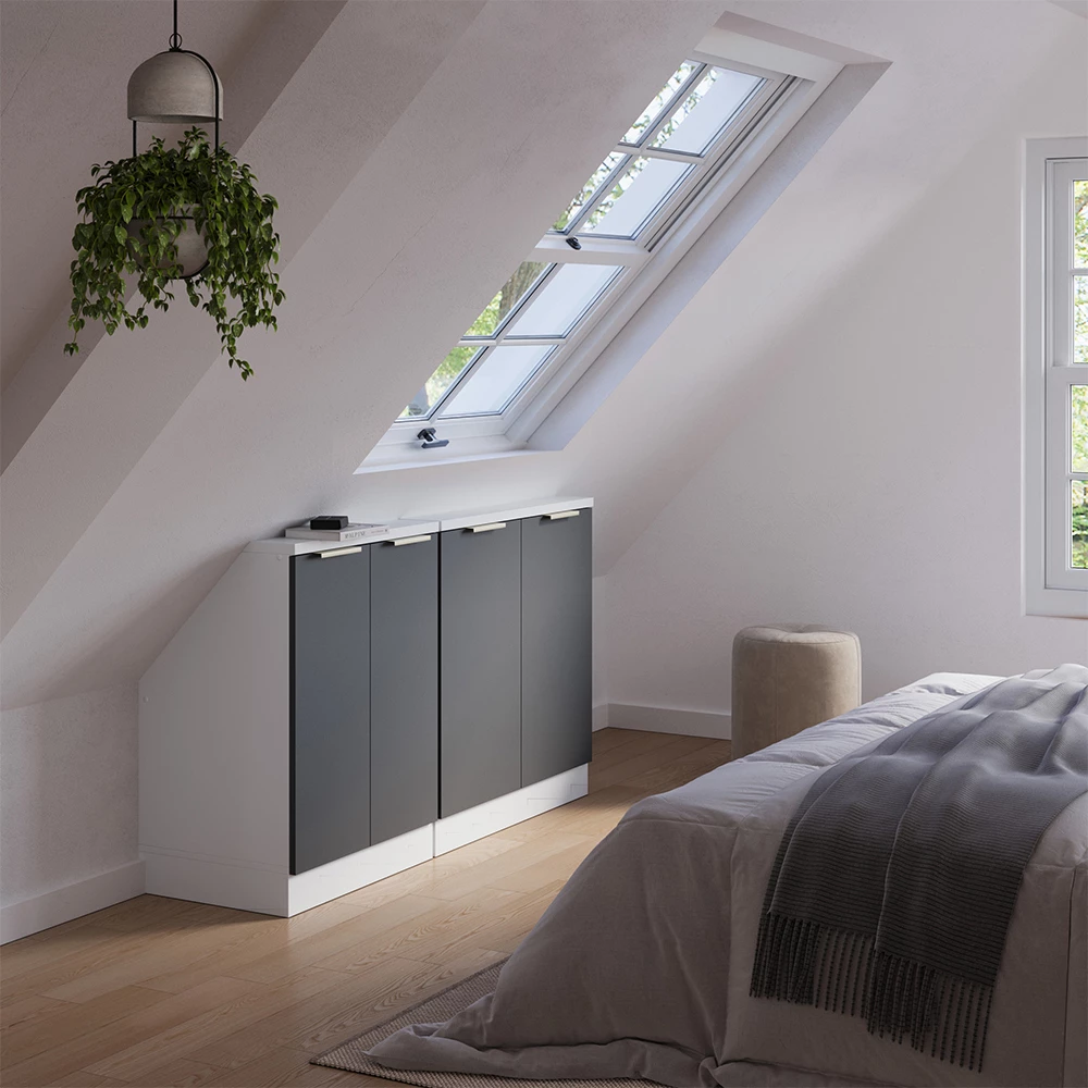 Dachschrägenschrank-Set in Anthrazit-Gold auf weißem Hintergrund