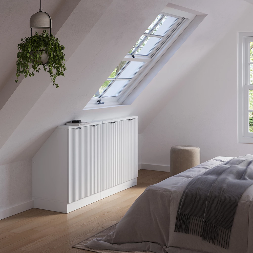 Skriňová súprava so šikmou strechou in Biele zvlnenie on white background