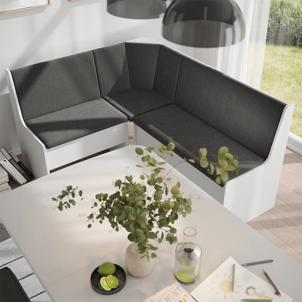 Esszimmer-Eckbank in Weiß auf weißem Hintergrund