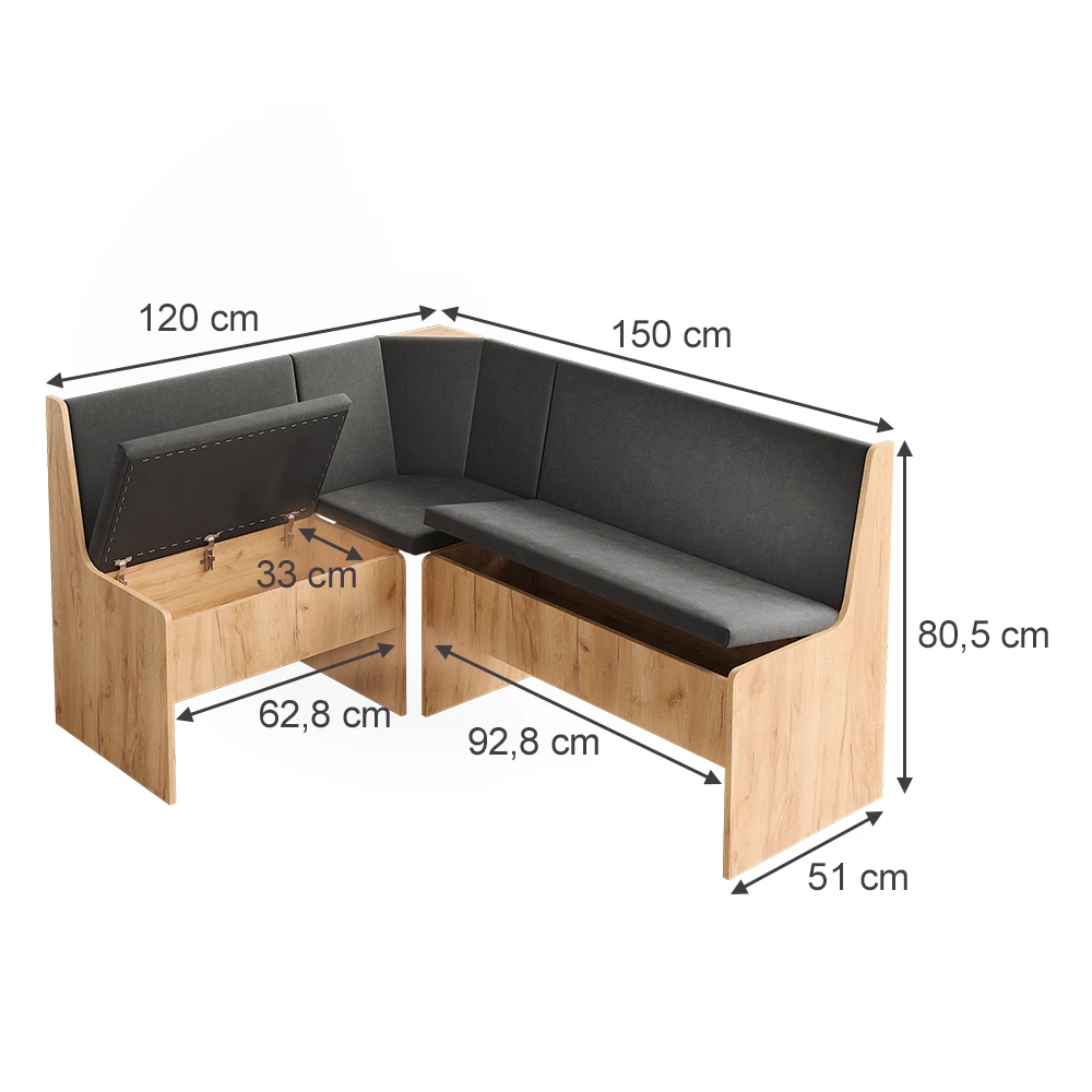 Dining room corner bench in Goldkraft oak on white background