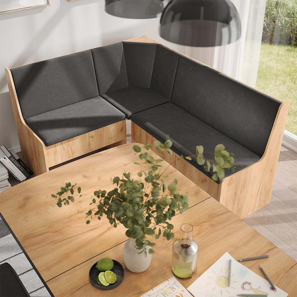 Esszimmer-Eckbank in Goldkraft Eiche auf weißem Hintergrund