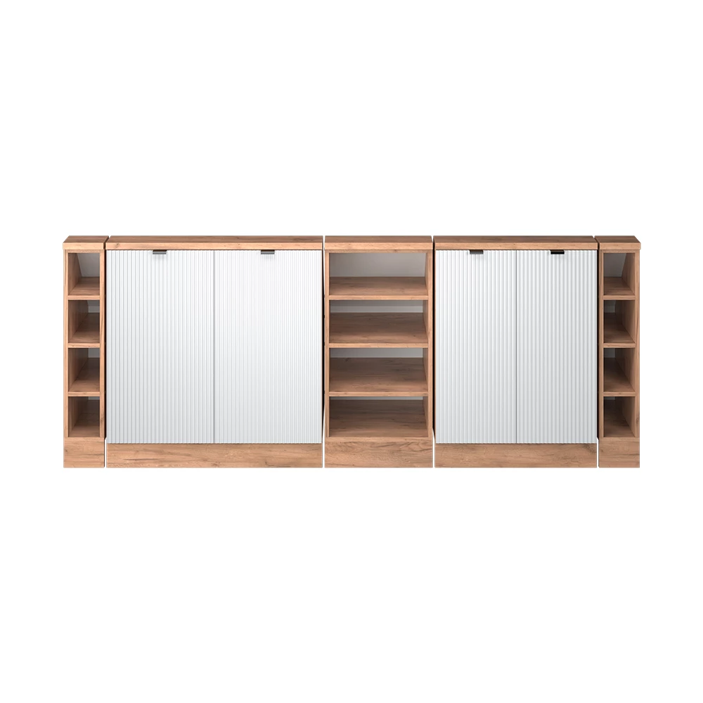 Gros plan de Ensembles de meuble de rangement sous pente en Blanc cannelé, montrant la texture/les détails