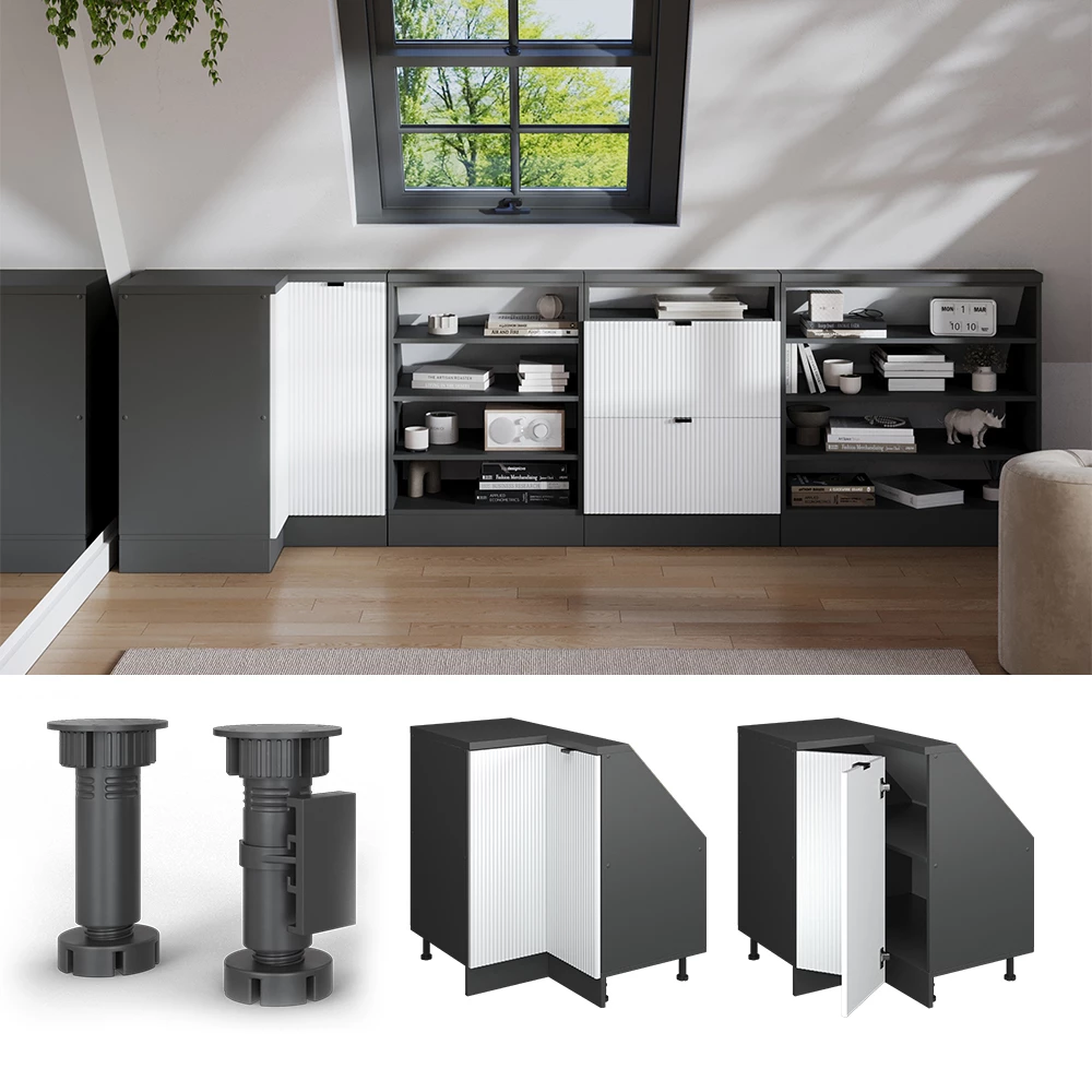 Nahaufnahme von Dachschrägenschrank Eckschrank in Weiß Riffel, zeigt Design- und Oberflächendetails