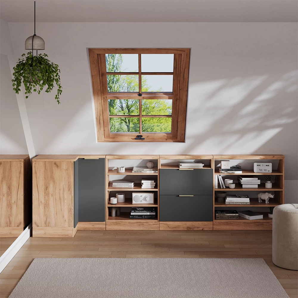 Dachschrägenschrank Eckschrank in Anthrazit-Gold auf weißem Hintergrund