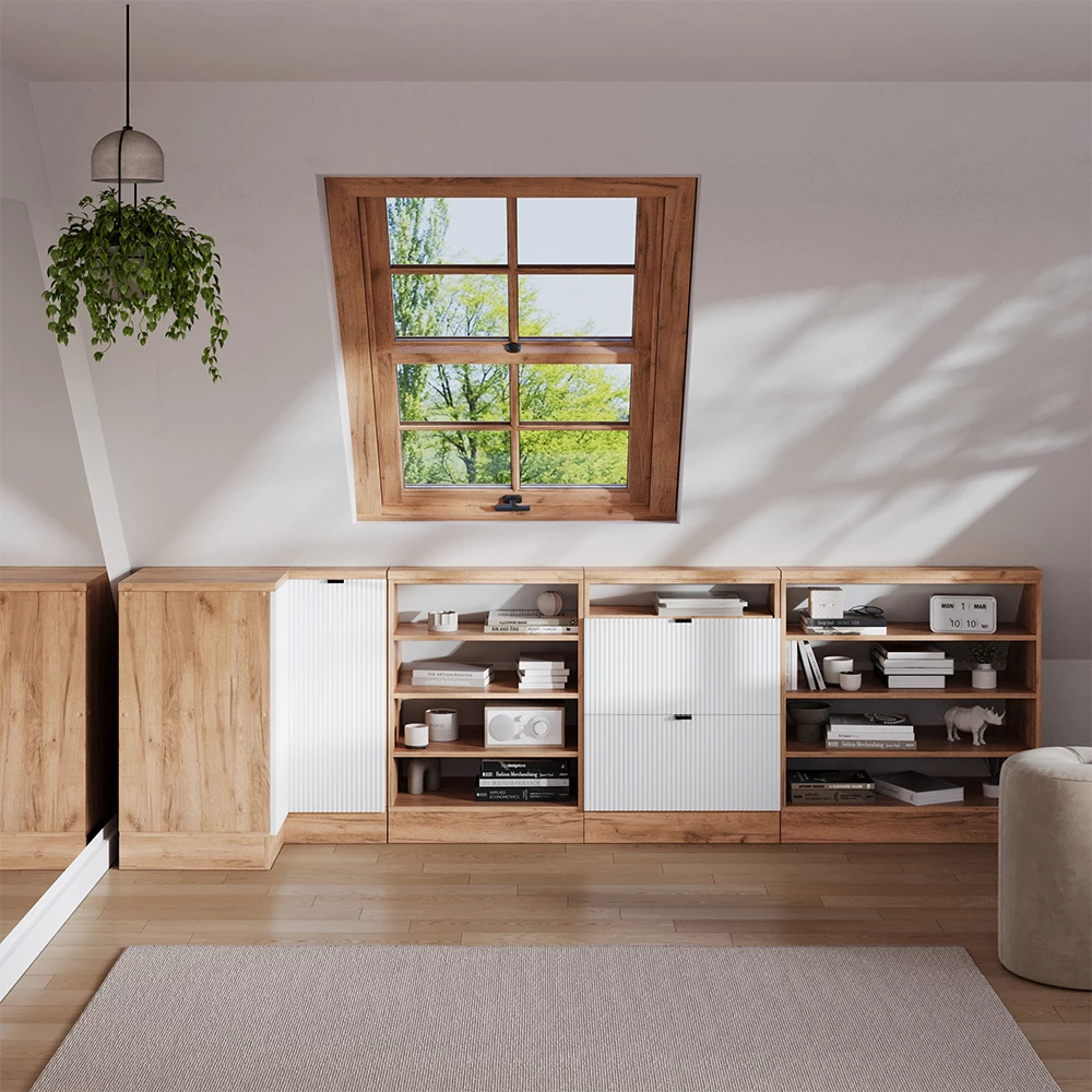 Dachschrägenschrank Eckschrank in Weiß Riffel auf weißem Hintergrund