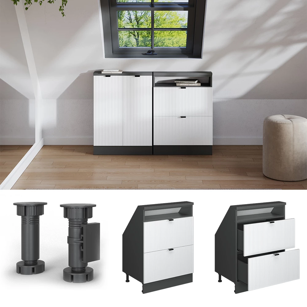 Gros plan de Meuble de rangement sous pente en Blanc cannelé, montrant le design et les détails de surface