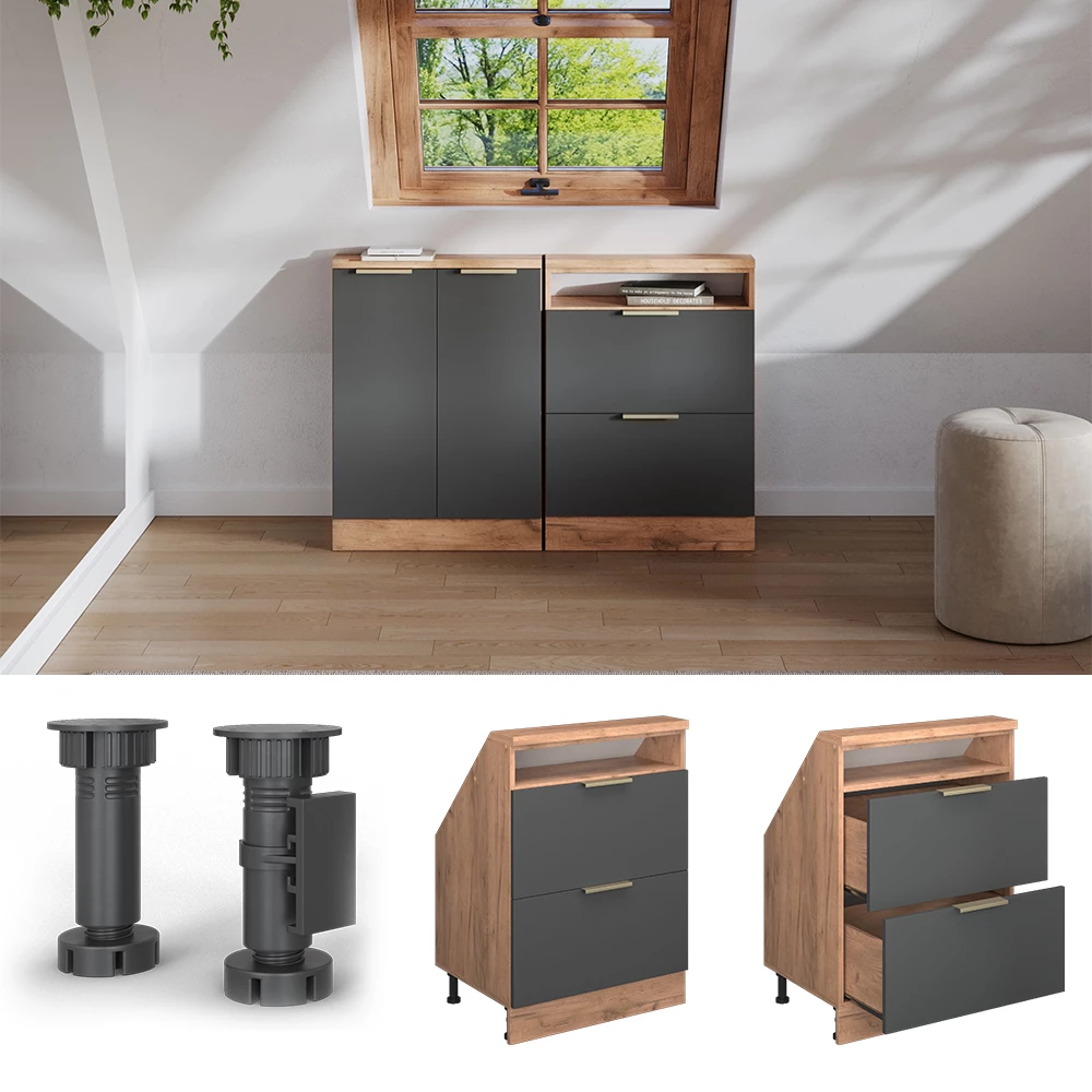 Nahaufnahme von Dachschrägenschrank in Anthrazit-Gold, zeigt Design- und Oberflächendetails