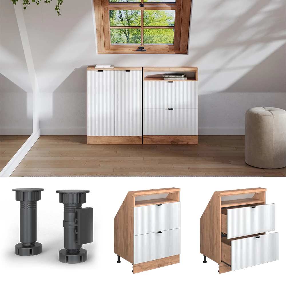 Nahaufnahme von Dachschrägenschrank in Weiß Riffel, zeigt Design- und Oberflächendetails