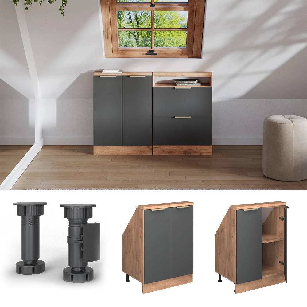 Dachschrägenschrank in Anthrazit-Gold auf weißem Hintergrund