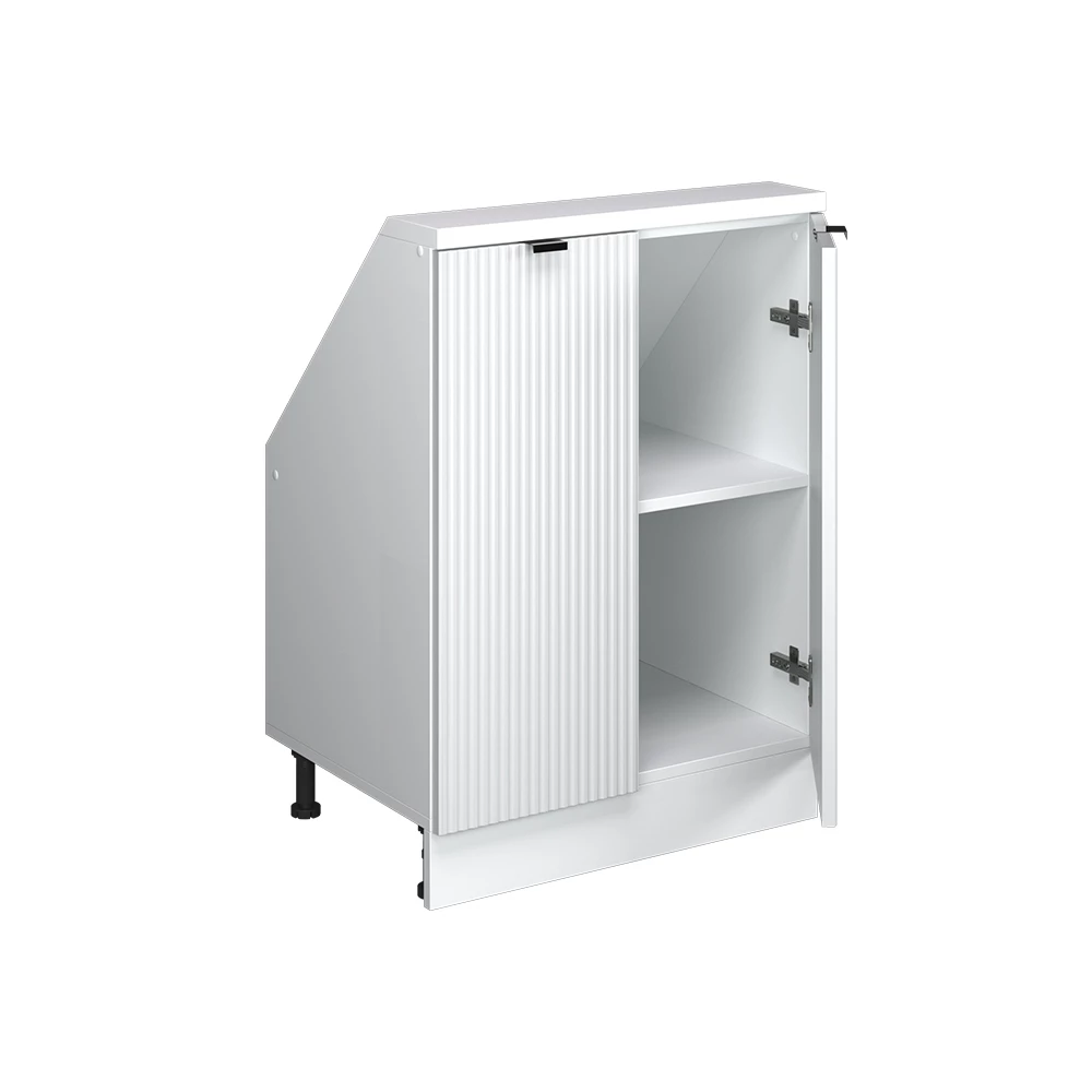 Gros plan de Meuble de rangement sous pente en Blanc cannelé, montrant la texture/les détails