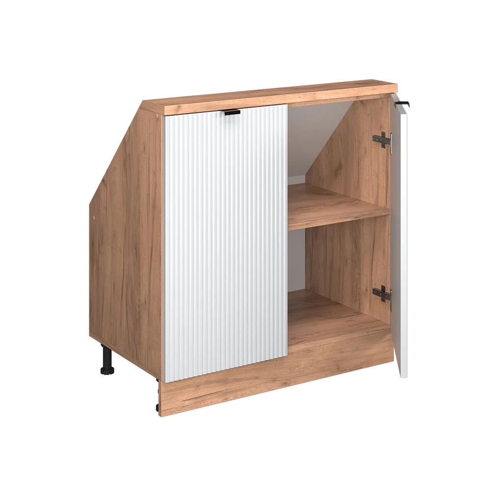 Gros plan de Meuble de rangement sous pente en Blanc cannelé, montrant la texture/les détails