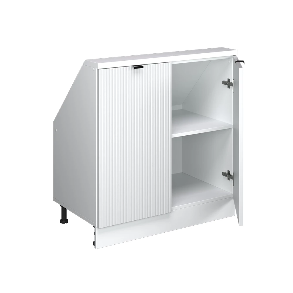 Gros plan de Meuble de rangement sous pente en Blanc cannelé, montrant la texture/les détails